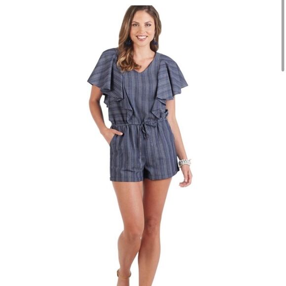 MUDPIE ISLA RUFFLE SLEEVE BLUE STRIPE ROMPER - XS - Picture 2 of 9